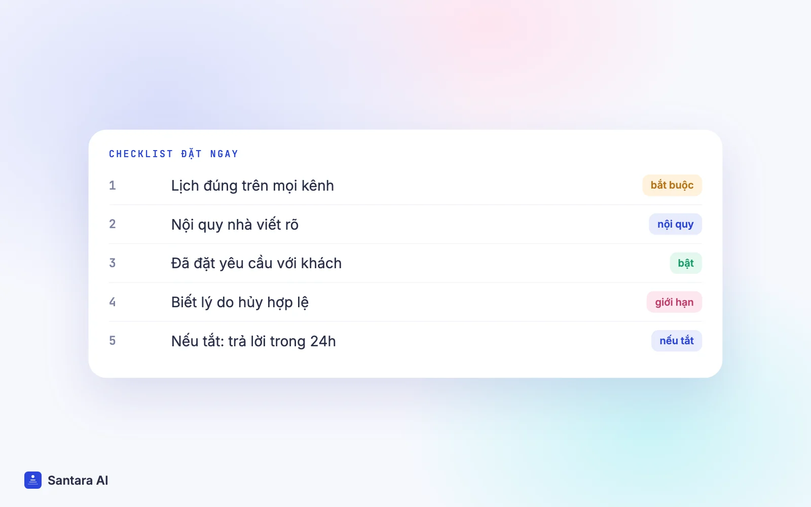 Checklist bật Đặt ngay: lịch đồng bộ, nội quy rõ, yêu cầu với khách, lý do hủy hợp lệ, trả lời trong 24 giờ