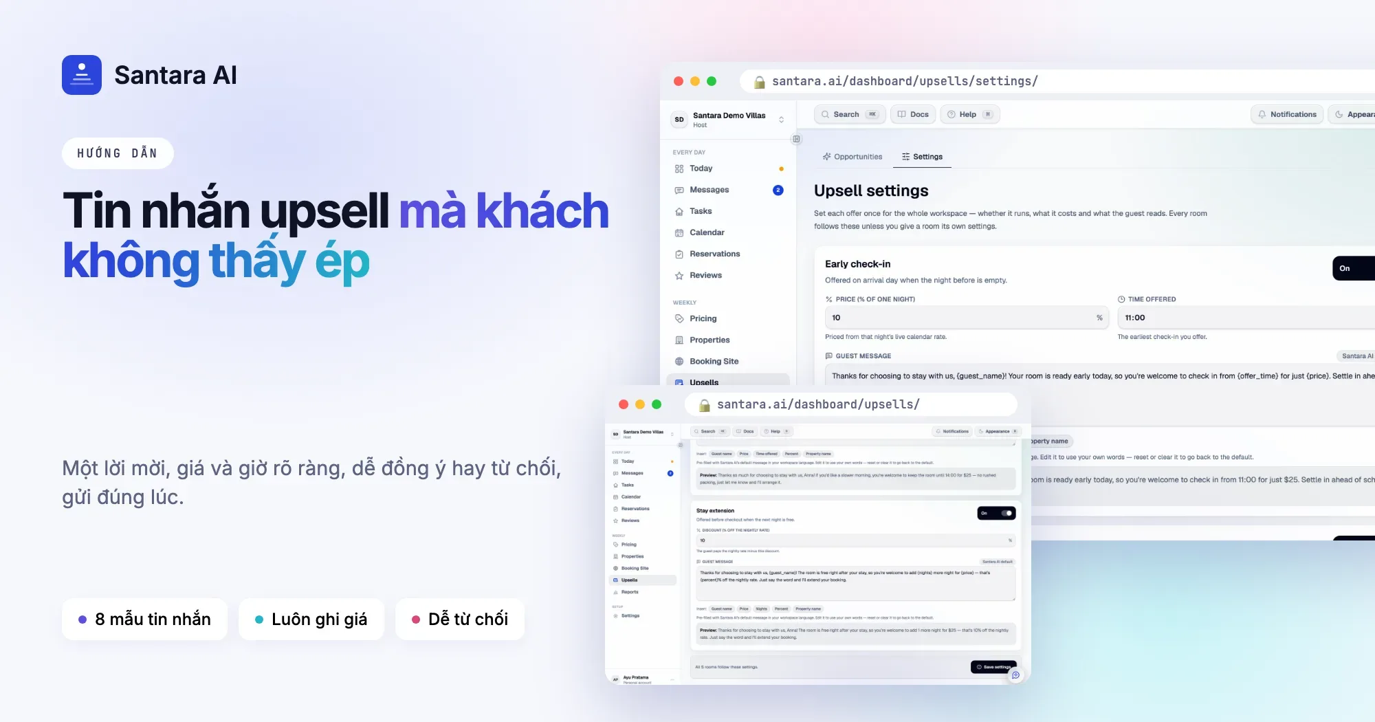 Cài đặt nhận phòng sớm trong Santara AI Upsells với tin nhắn cho khách, các ô chèn và bản xem trước