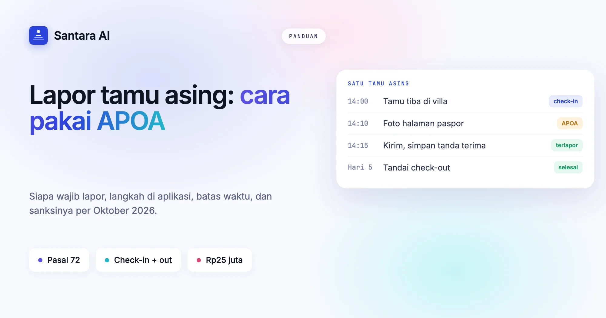 Sampul bertuliskan Lapor tamu asing: cara pakai APOA, dengan langkah pelaporan