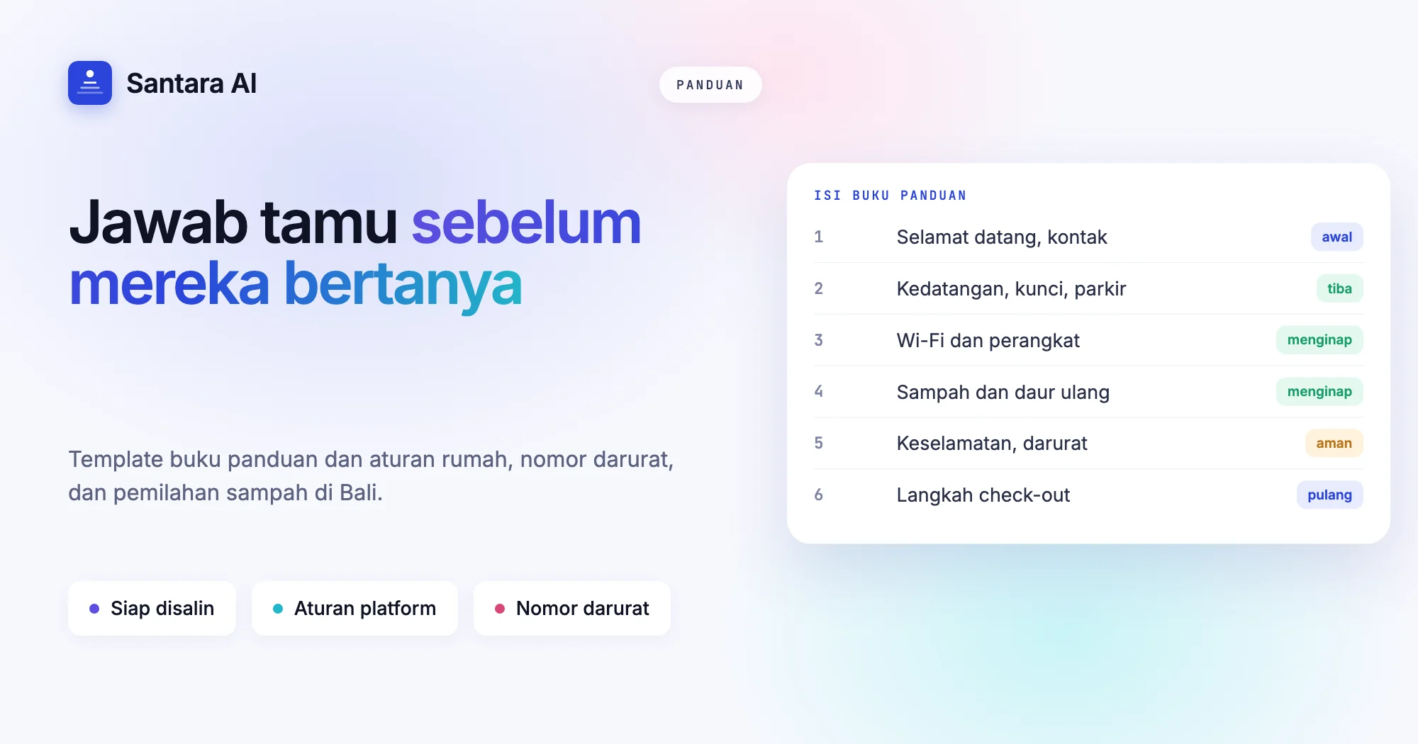 Sampul yang menampilkan bagian-bagian template buku panduan villa