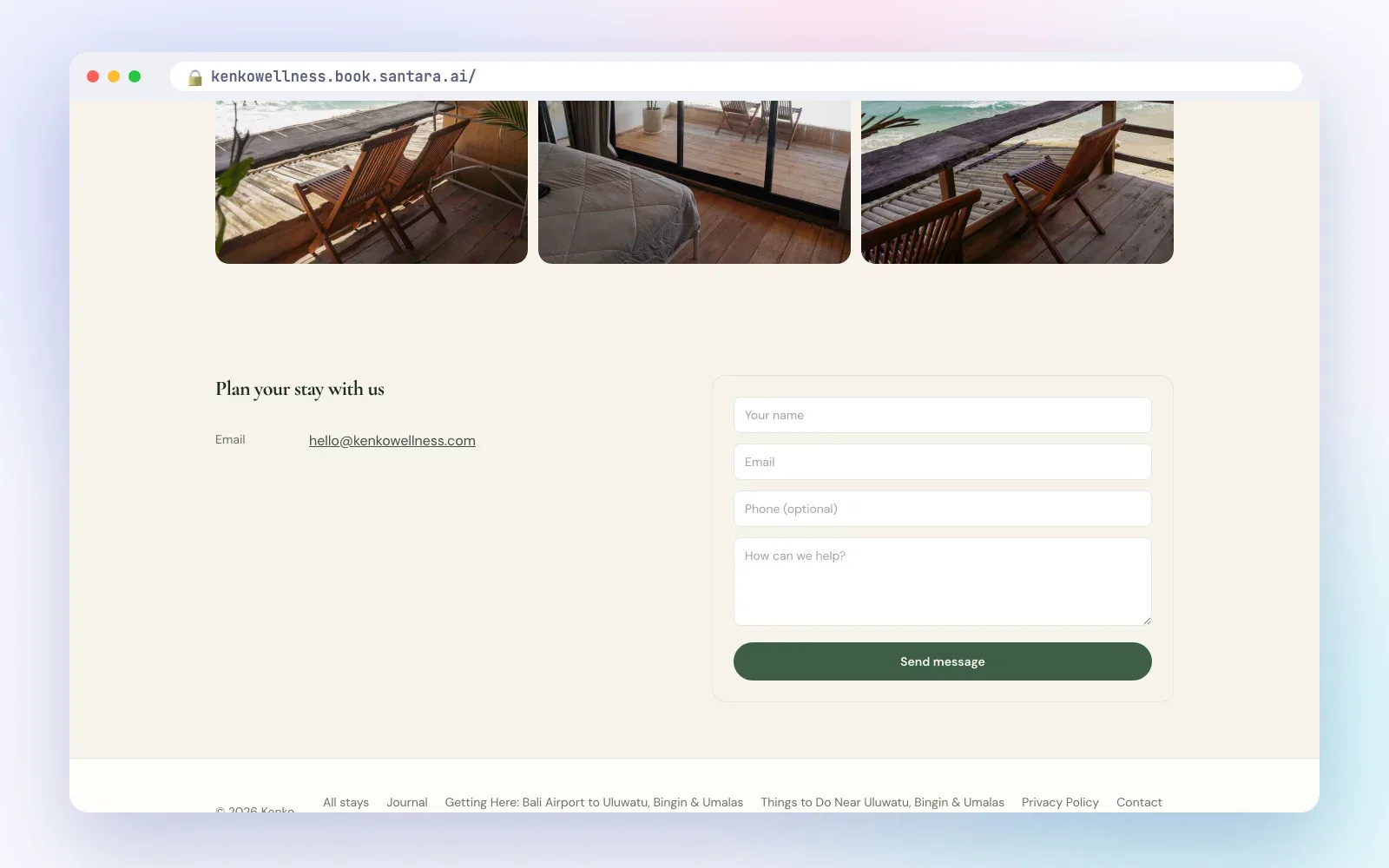 Khối liên hệ có form gửi tin nhắn ở cuối website đặt phòng trực tiếp làm bằng Santara AI