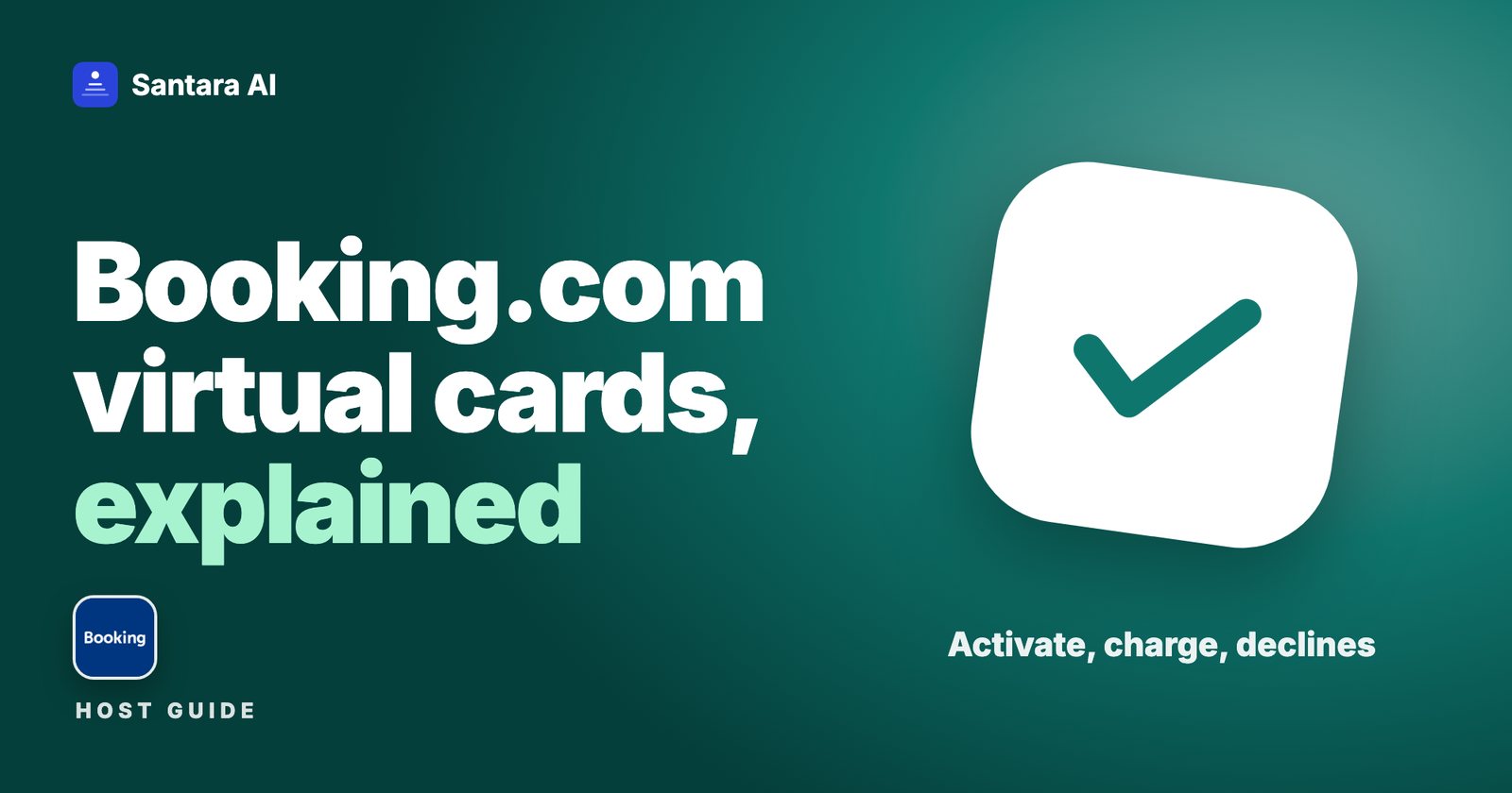 A white check mark card on a teal background with the Booking.com logo