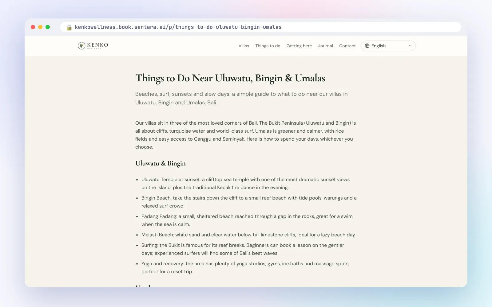 Things to do near Uluwatu page on a direct booking site built with Santara AI
