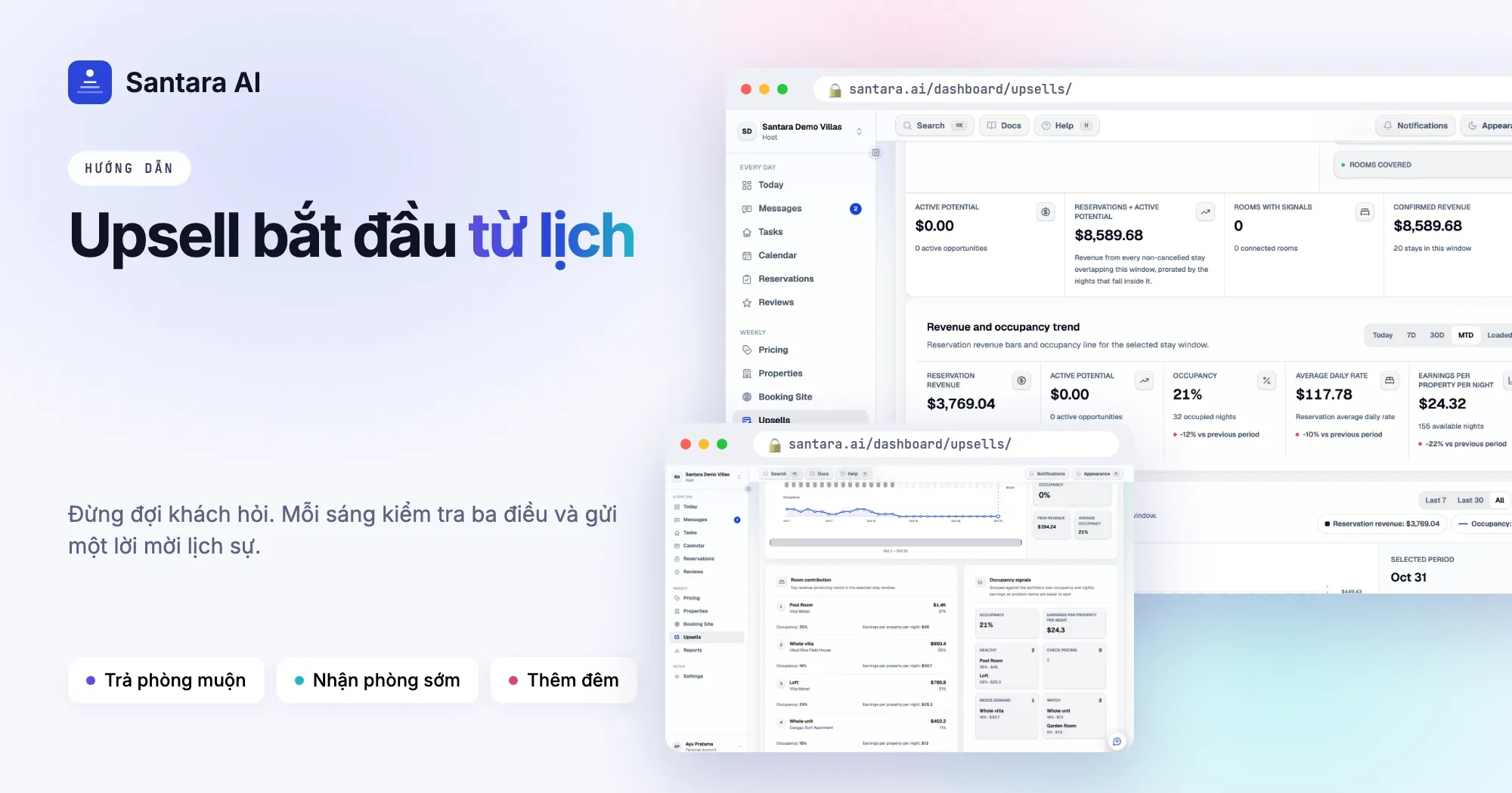 Lịch buổi sáng đánh dấu lượt trả phòng không có khách đến, khách đến sau đêm trống và đêm trống sau kỳ lưu trú