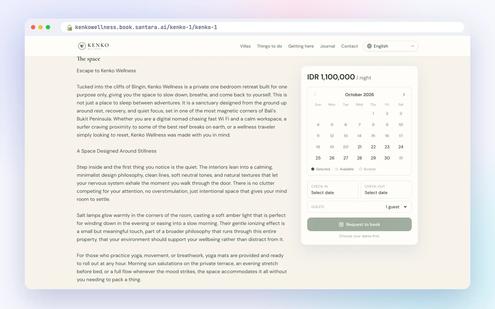 Villa page with nightly price, availability calendar and a Request to book button on a Santara AI direct booking site
