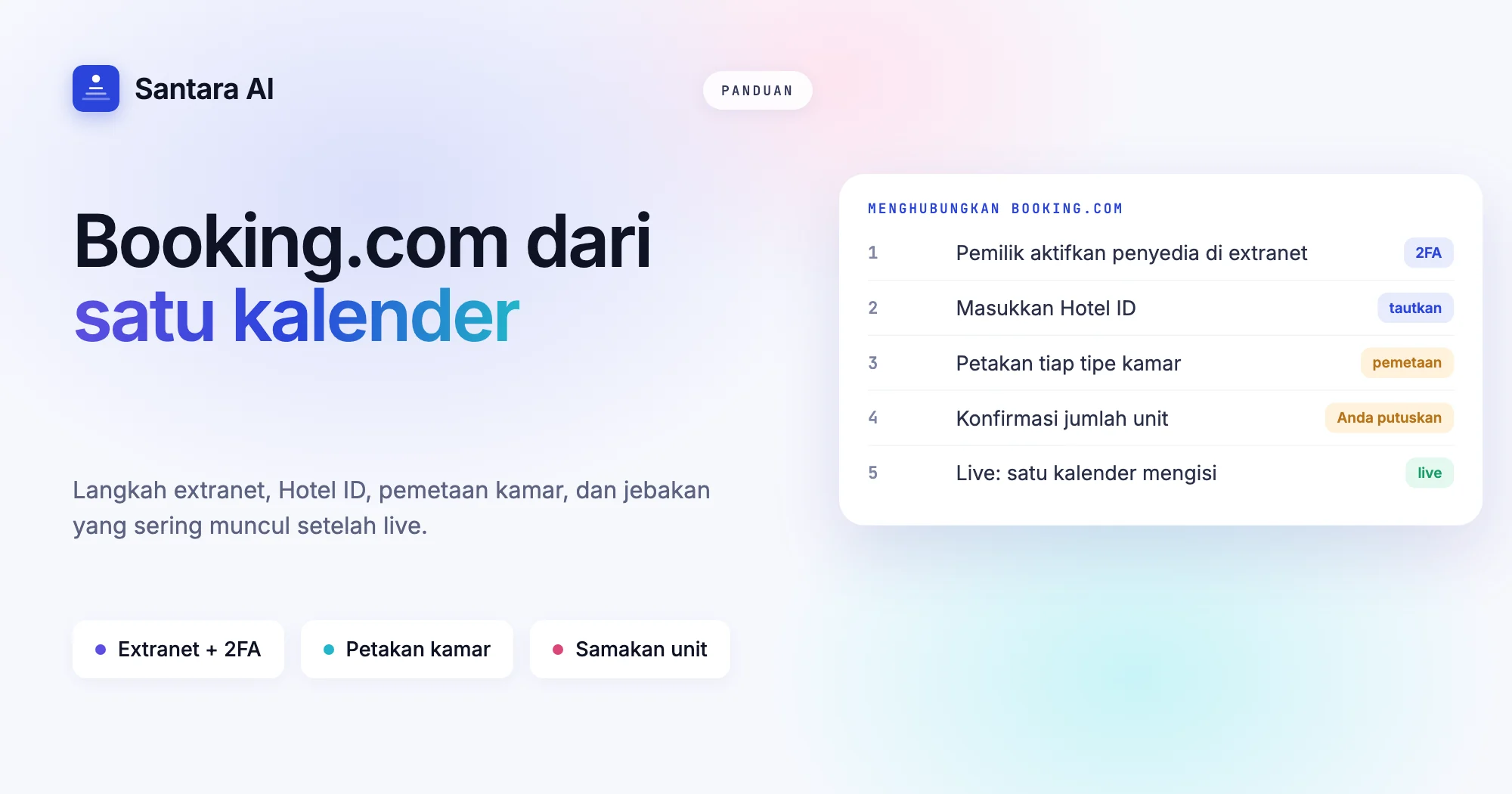 Sampul bertuliskan Booking.com dari satu kalender, dengan langkah-langkah koneksi
