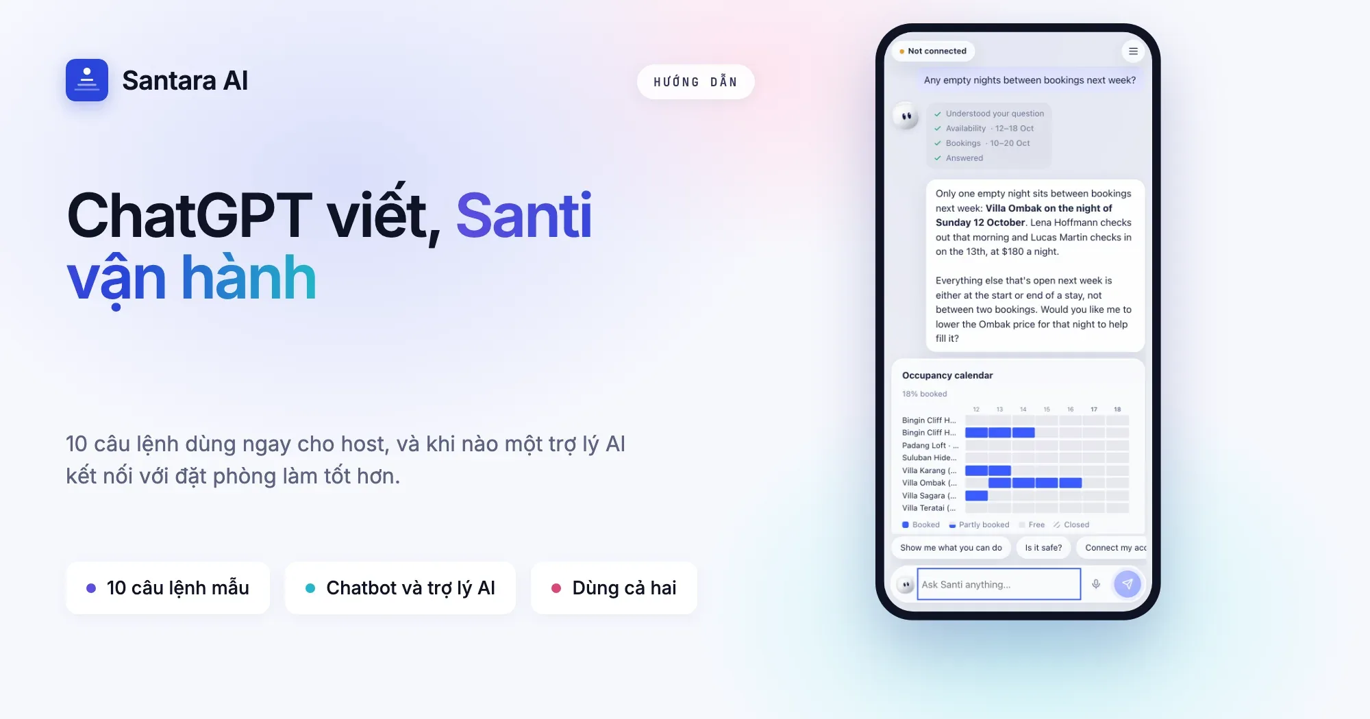 Ảnh bìa: dùng ChatGPT cho host Airbnb, so sánh chatbot sao chép dán với Santi, trợ lý AI kết nối với đặt phòng