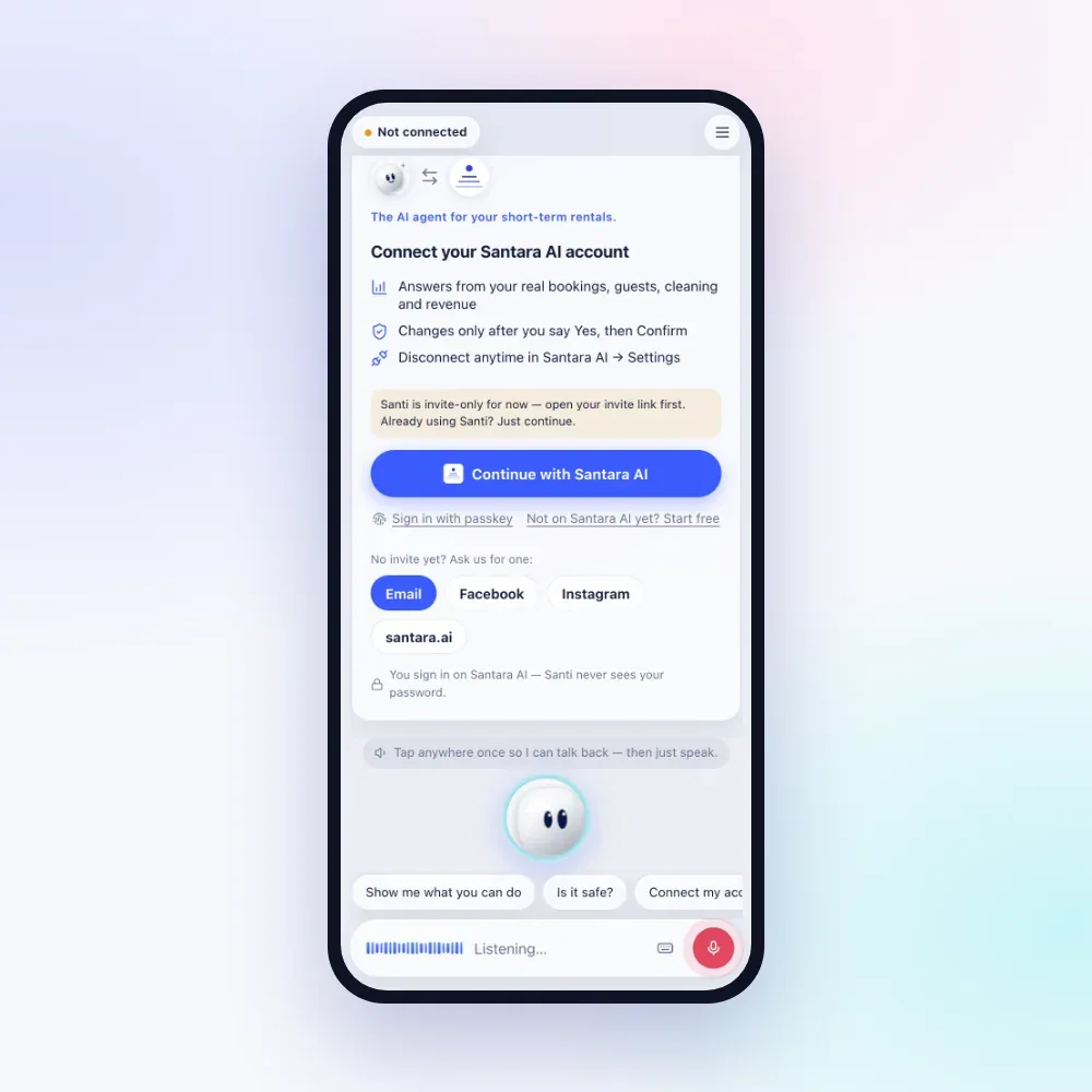 Santi connect screen with Continue with Santara AI and voice mode listening