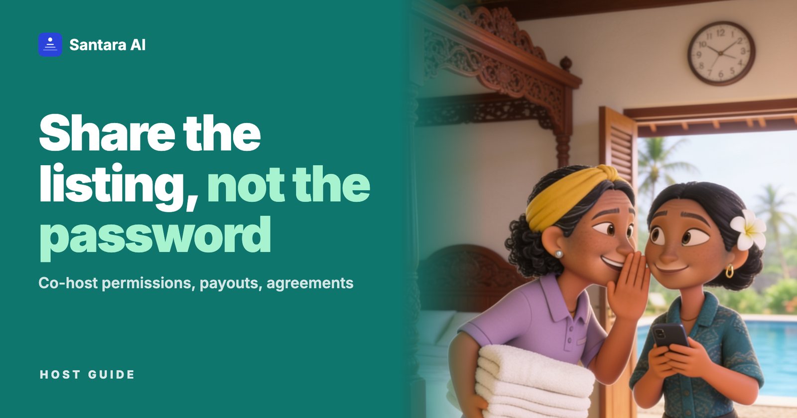 Illustrated housekeeper whispering to a host in a villa bedroom