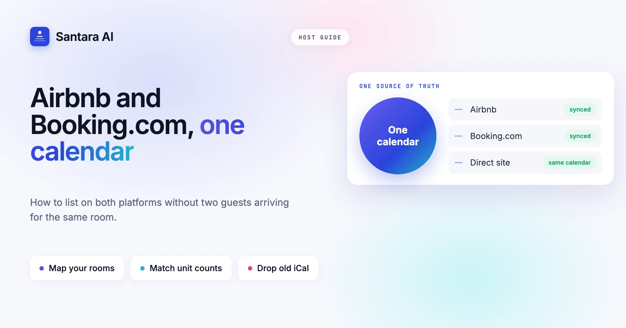 Cover reading Airbnb and Booking.com, one calendar, with both channels fed from a single calendar