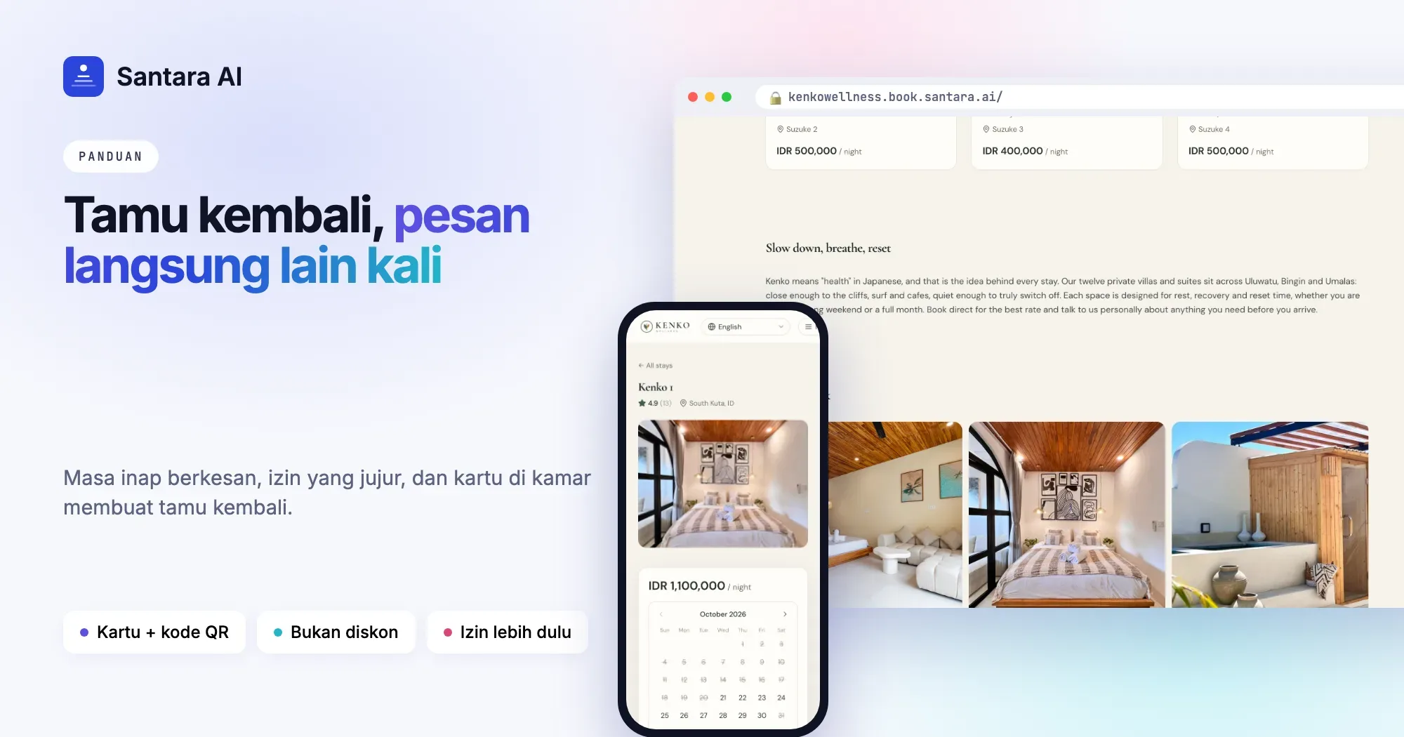 Website booking langsung Kenko Wellness di Bali, dibuat dengan Santara AI, tampil di dua ponsel