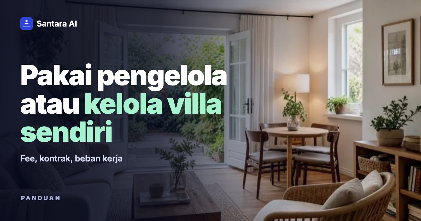 Foto ruang tamu villa yang terang, dengan judul tentang memakai pengelola atau mengelola sendiri