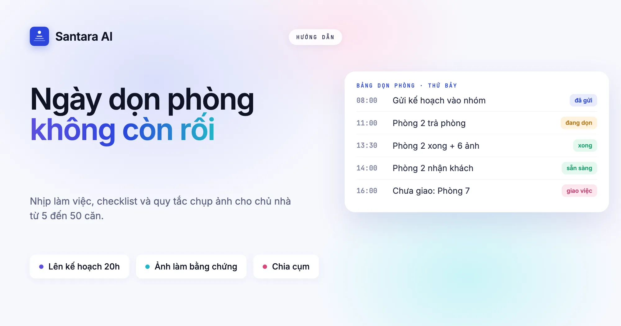 Ảnh bìa với dòng chữ Ngày dọn phòng không còn rối, hệ thống dọn dẹp cho 5 đến 50 căn