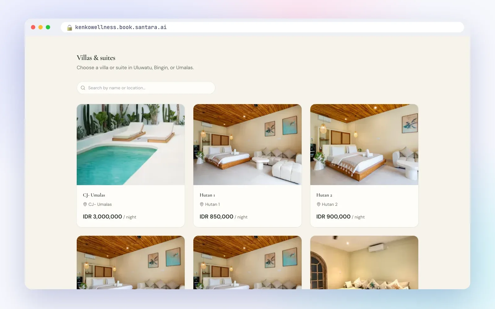 Grid of villas and suites with photos and nightly prices on a Santara AI direct booking site