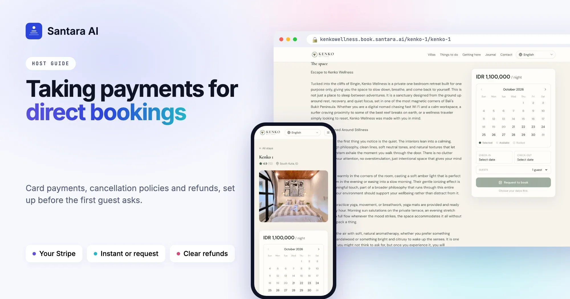 Cover: taking payments for direct bookings, showing a villa page with price and booking calendar on desktop and phone