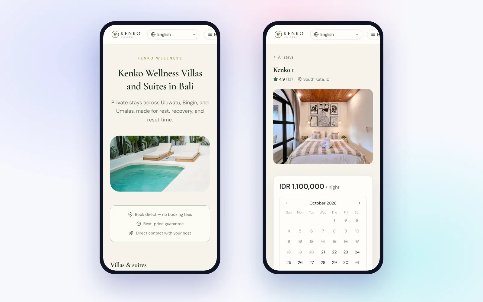 The same direct booking site on a phone: home page and a villa page with price and calendar