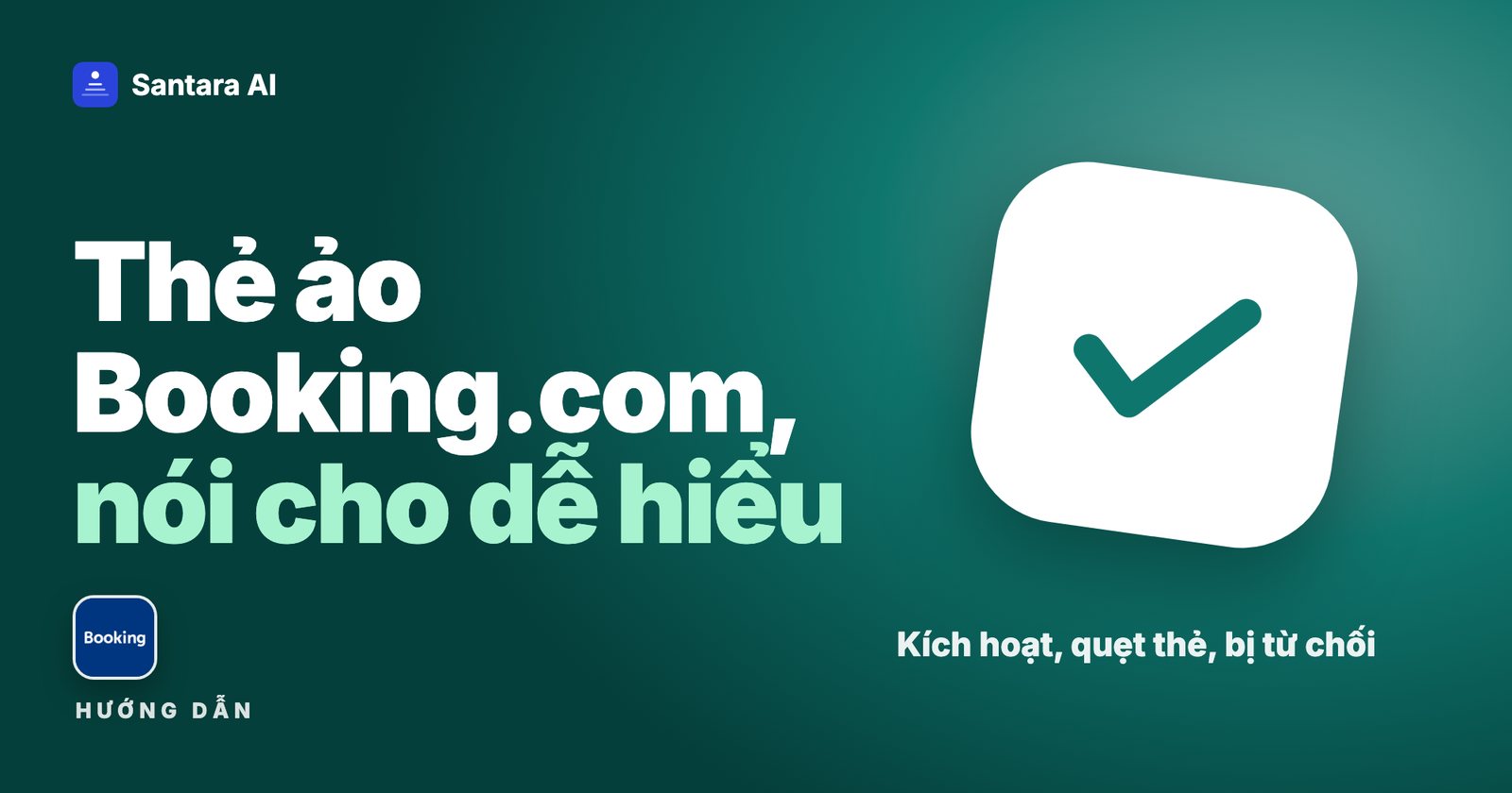 Thẻ dấu tích trắng trên nền xanh ngọc kèm logo Booking.com