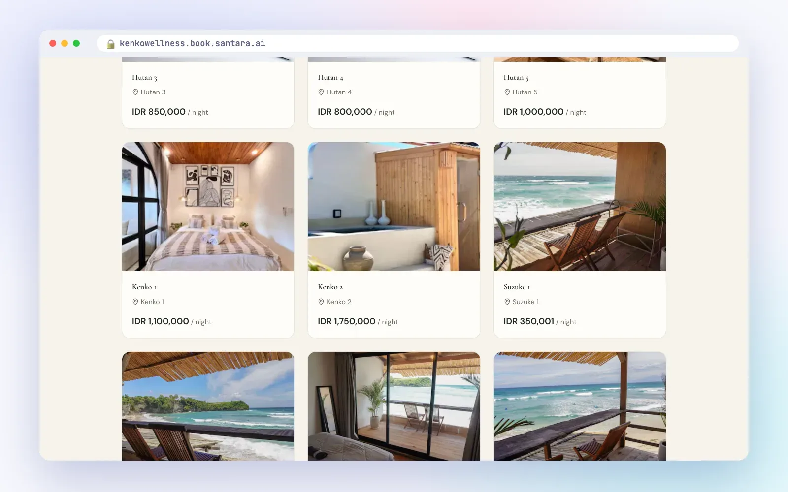 Villa list with nightly prices next to a booking calendar on a direct booking site built with Santara AI