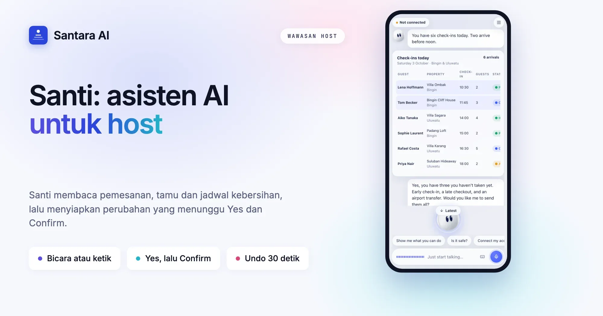 Sampul: Santi, asisten AI untuk host Airbnb dan vila, dengan contoh permintaan dan persetujuan yang dibutuhkan