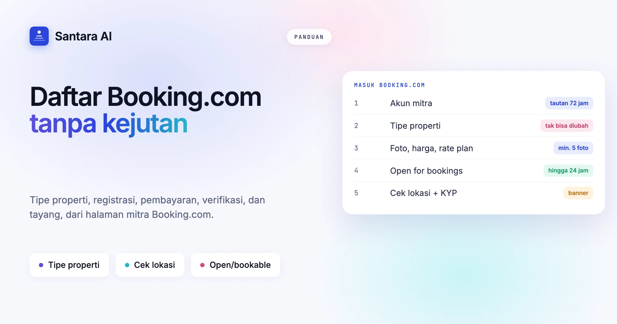 Sampul panduan cara daftar Booking.com untuk villa, dari registrasi sampai open/bookable