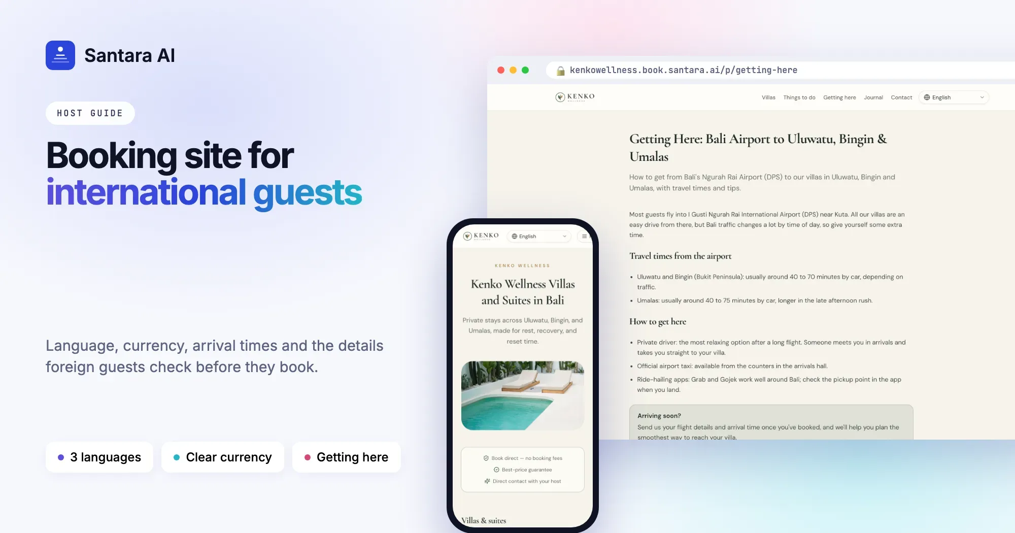 Direct booking website on two phones showing the home page and a villa page with price and calendar