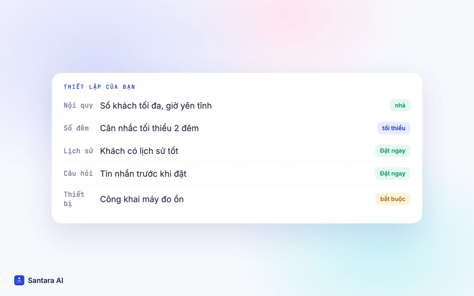 Các thiết lập sàng lọc khách chủ nhà kiểm soát trên Airbnb: nội quy, số đêm tối thiểu, lịch sử tốt, tin nhắn trước khi đặt