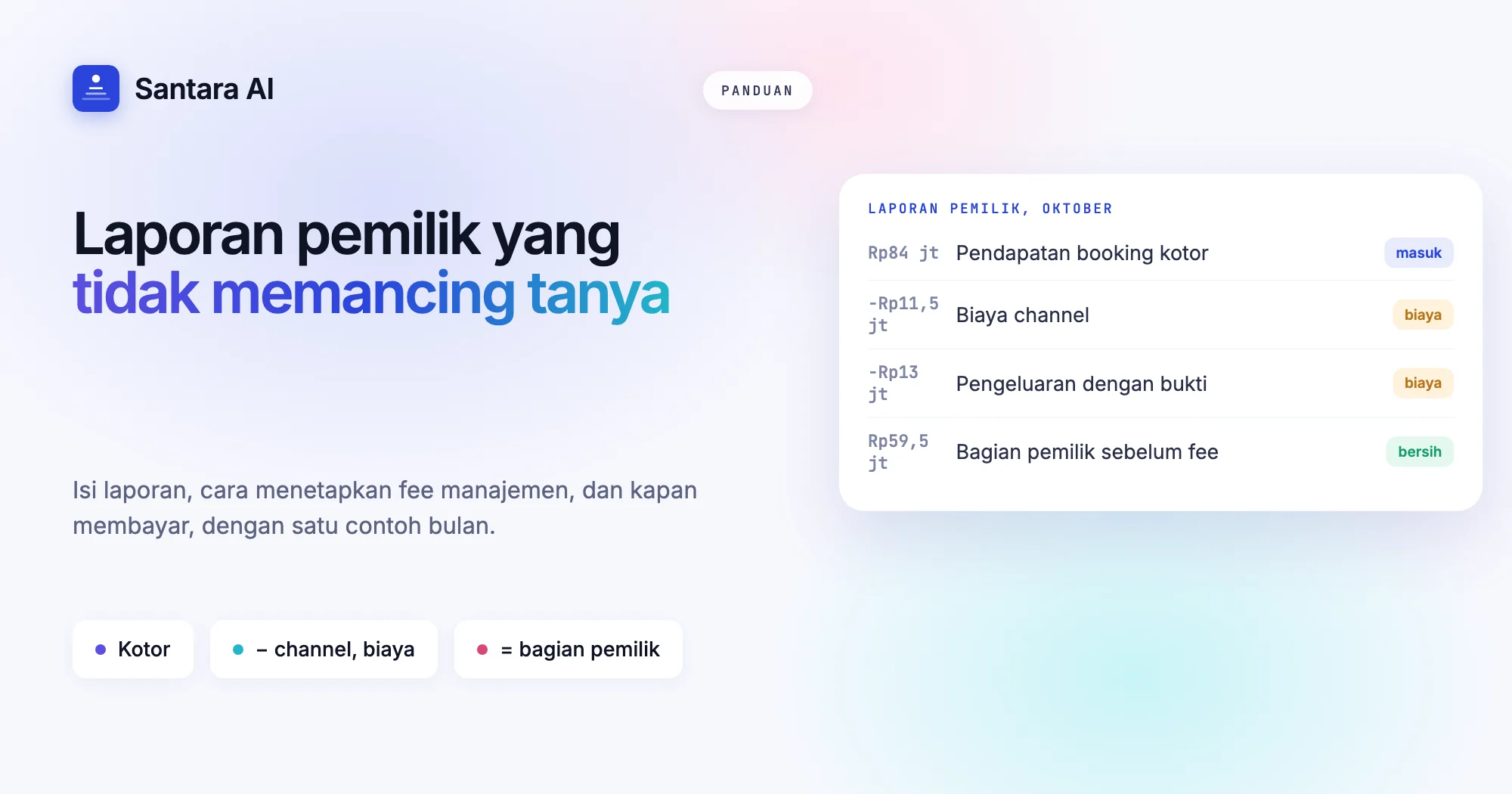 Sampul laporan pemilik villa: pendapatan kotor dikurangi biaya channel dan pengeluaran sama dengan bagian pemilik