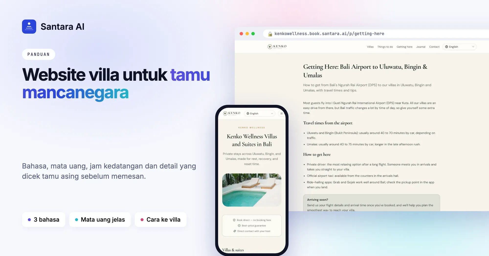 Website booking di dua ponsel menampilkan beranda dan halaman villa dengan harga dan kalender