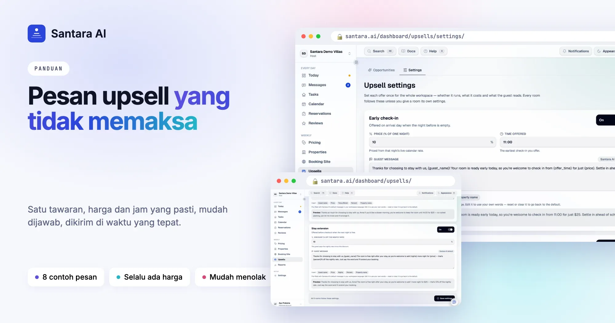 Pengaturan early check-in di Santara AI Upsells dengan pesan tamu, chip sisipan dan pratinjau langsung