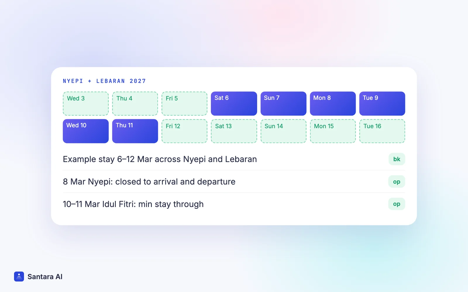 Calendar of 3 to 16 March 2027 showing Nyepi on 8 March and Lebaran on 10 and 11 March with an example booking