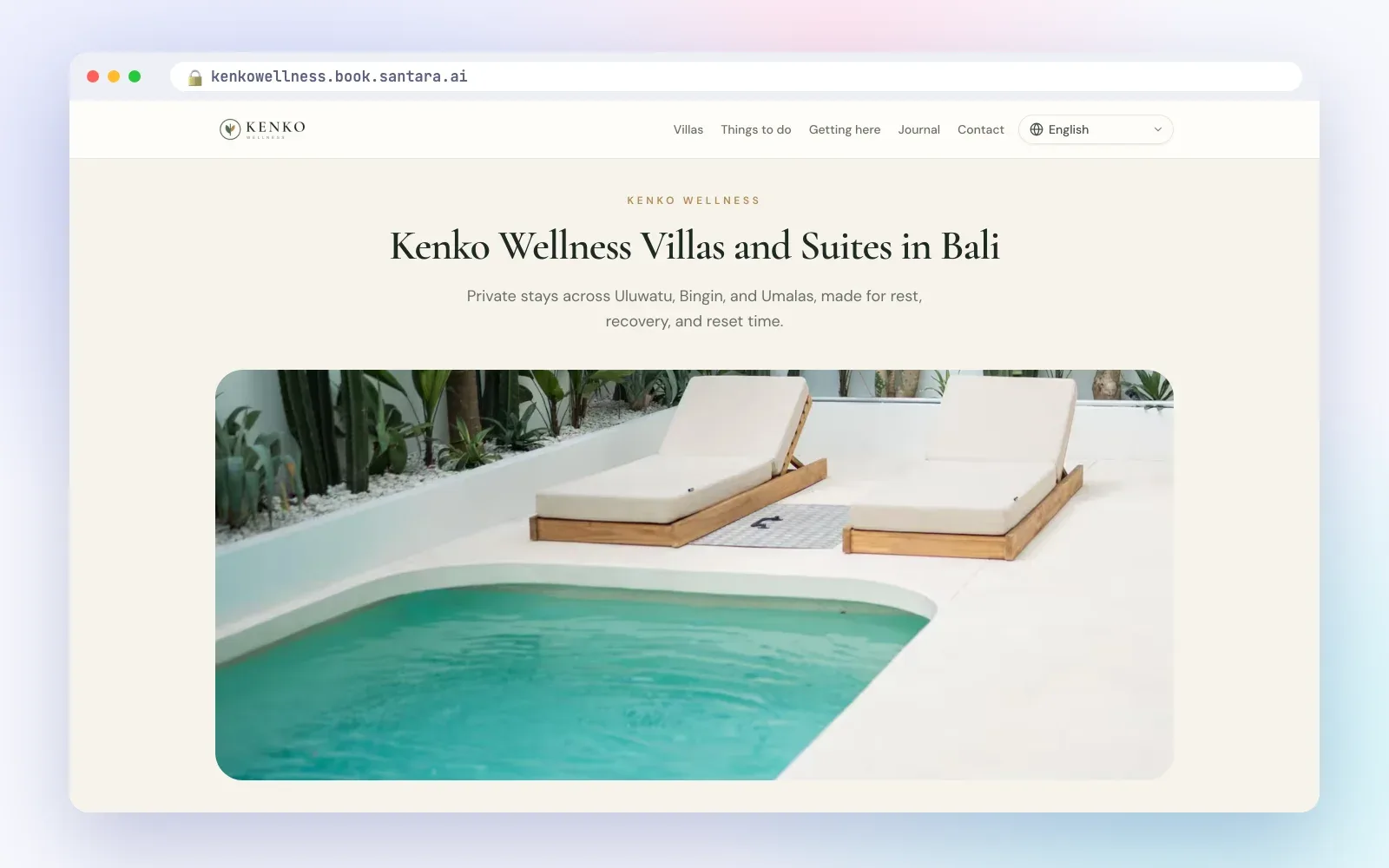Kenko Wellness direct booking site home page built with Santara AI, with a hero photo and a Book direct banner