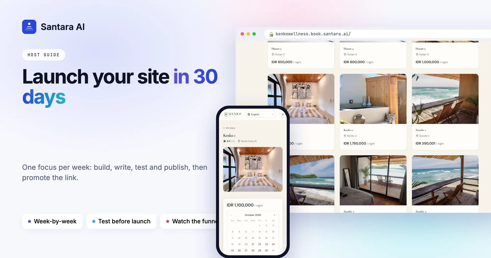 A villa direct booking website on two phones, showing the home page and a villa page