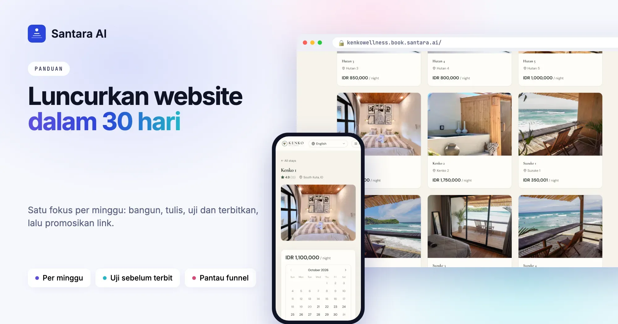 Website booking langsung villa di dua ponsel, menampilkan halaman utama dan halaman villa