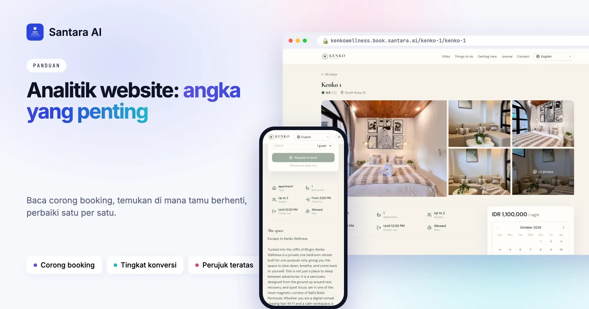 Daftar villa dengan harga per malam di samping kalender booking pada website booking langsung