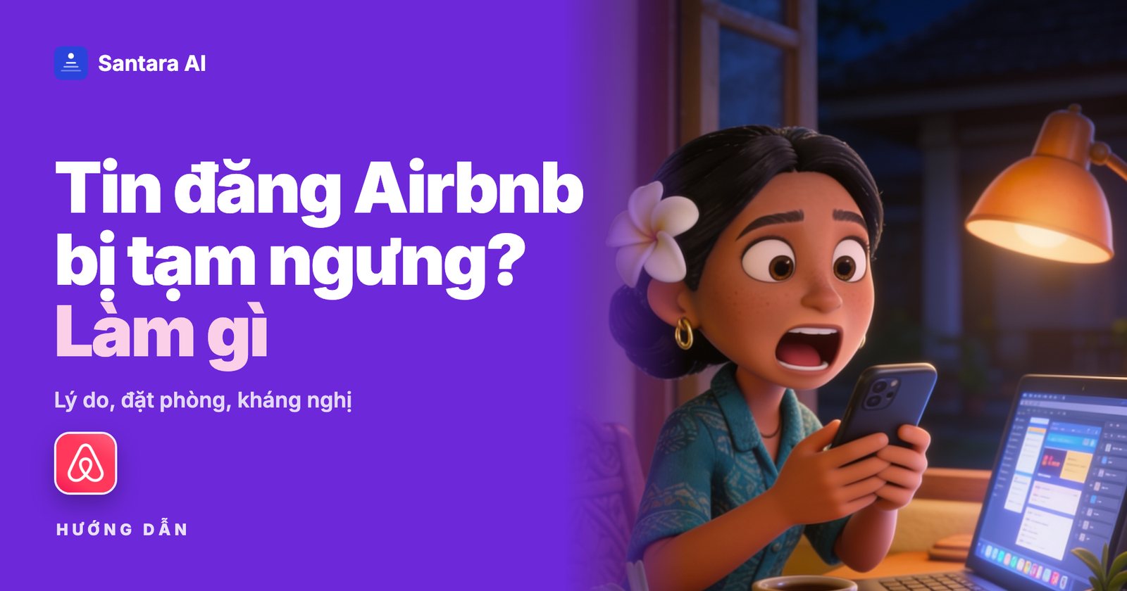 Minh họa chủ nhà sững người nhìn điện thoại buổi tối, kèm logo Airbnb