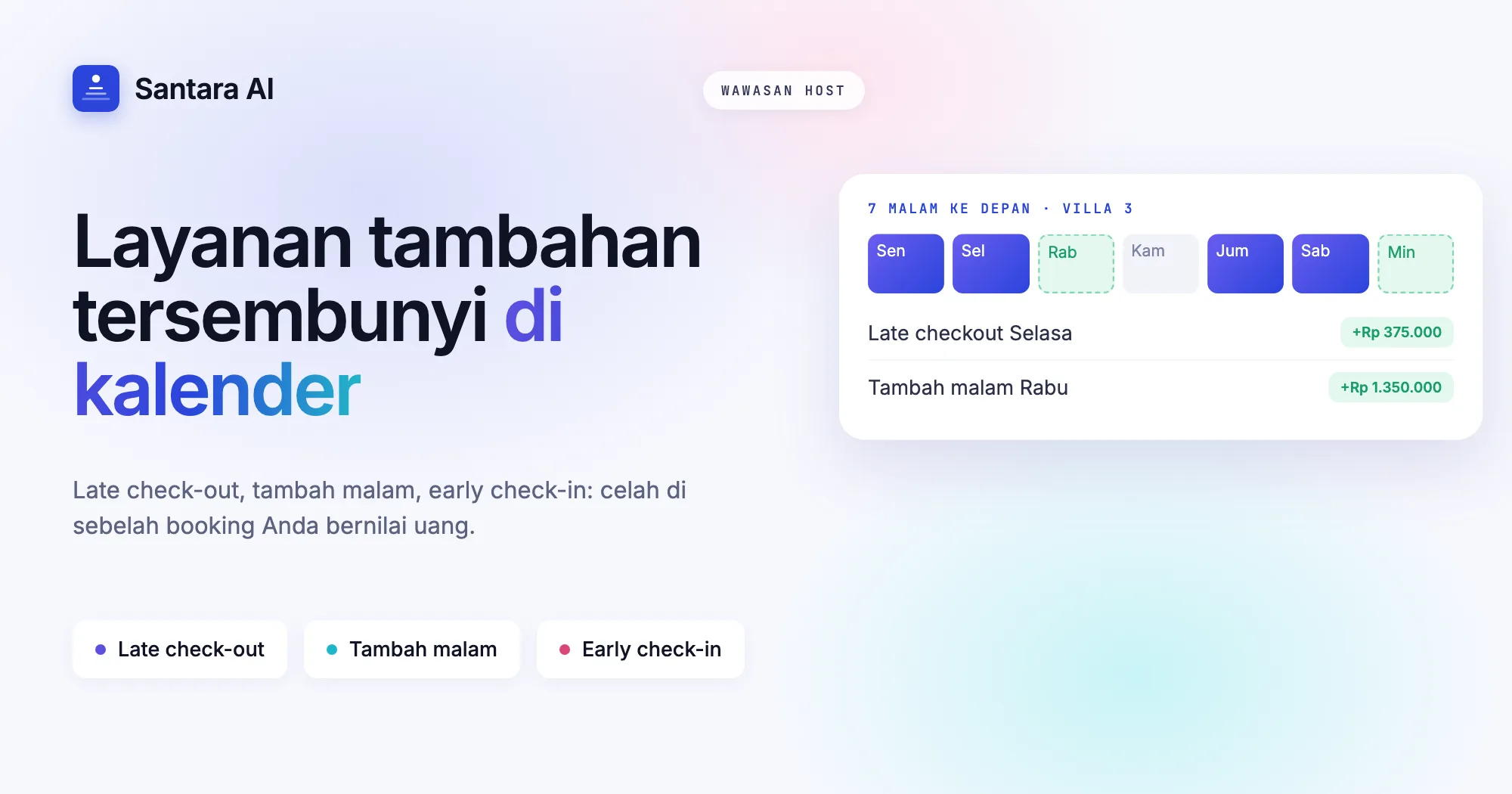 Kalender dengan celah kosong di samping booking yang ditandai sebagai late check-out, tambah malam, dan early check-in