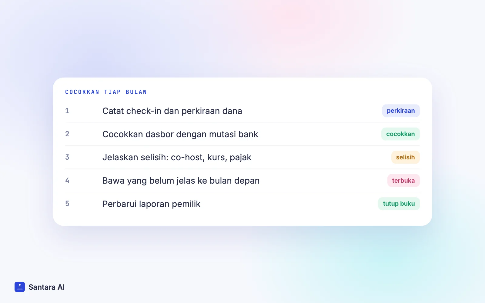 Daftar periksa bulanan untuk mencocokkan pencairan dana Airbnb dengan booking dan laporan pemilik