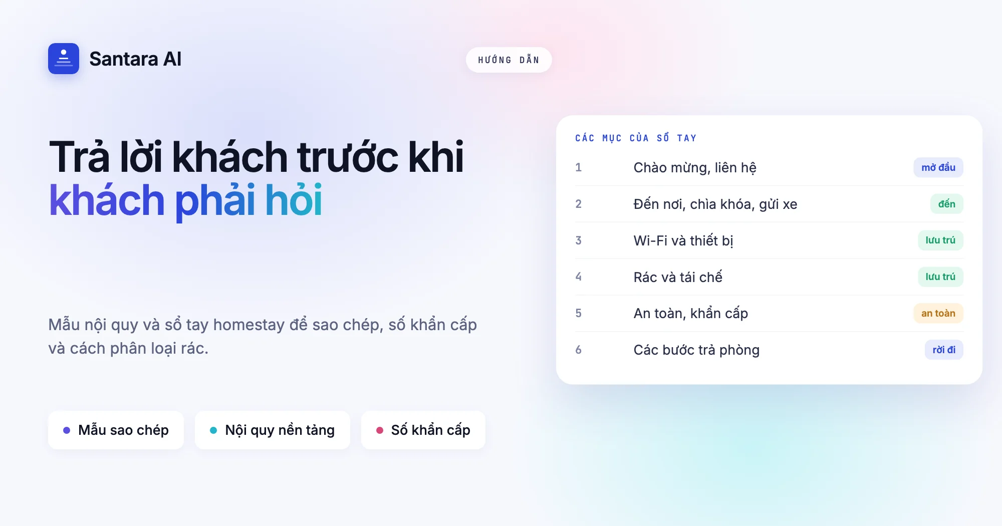 Ảnh bìa thể hiện các mục của sổ tay hướng dẫn khách homestay