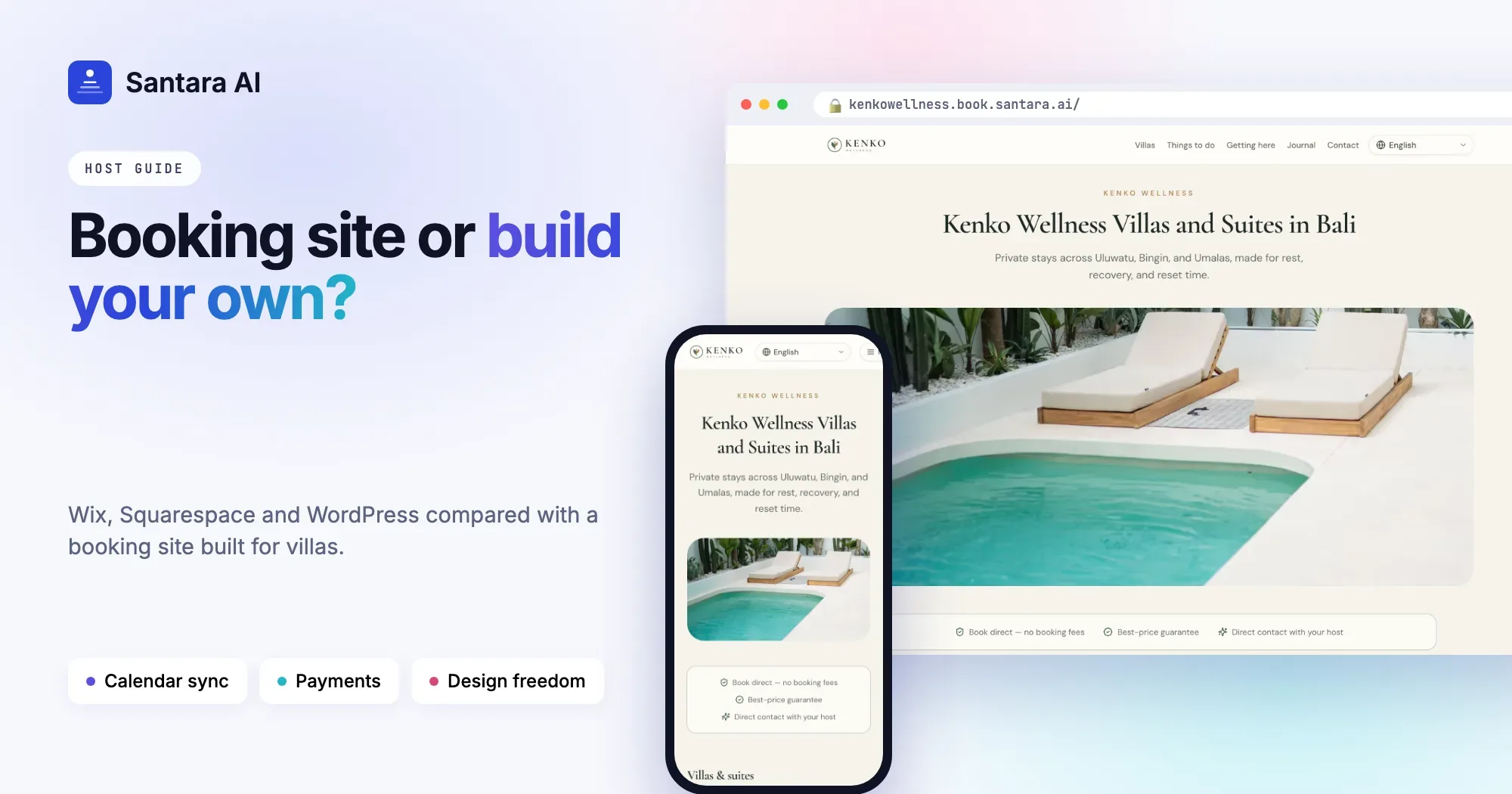Villa list with prices on a direct booking site compared with a DIY website builder