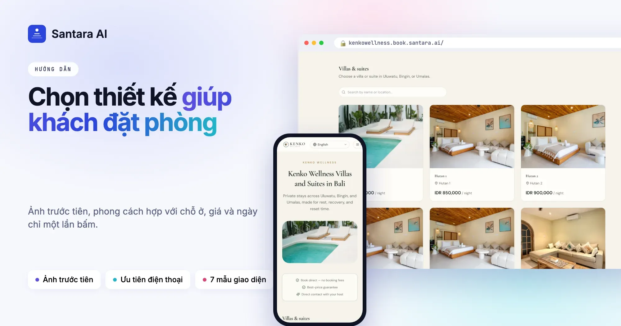 Trang chủ website đặt phòng trực tiếp có ảnh lớn và dải thông tin tạo niềm tin