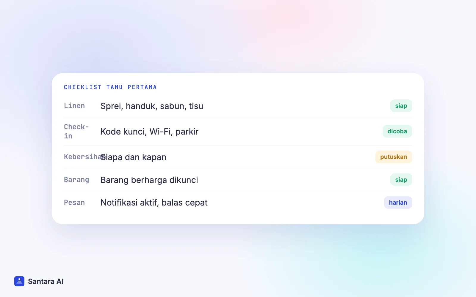 Checklist sebelum tamu Airbnb pertama: sprei, petunjuk check-in, bersih-bersih, barang berharga, pesan