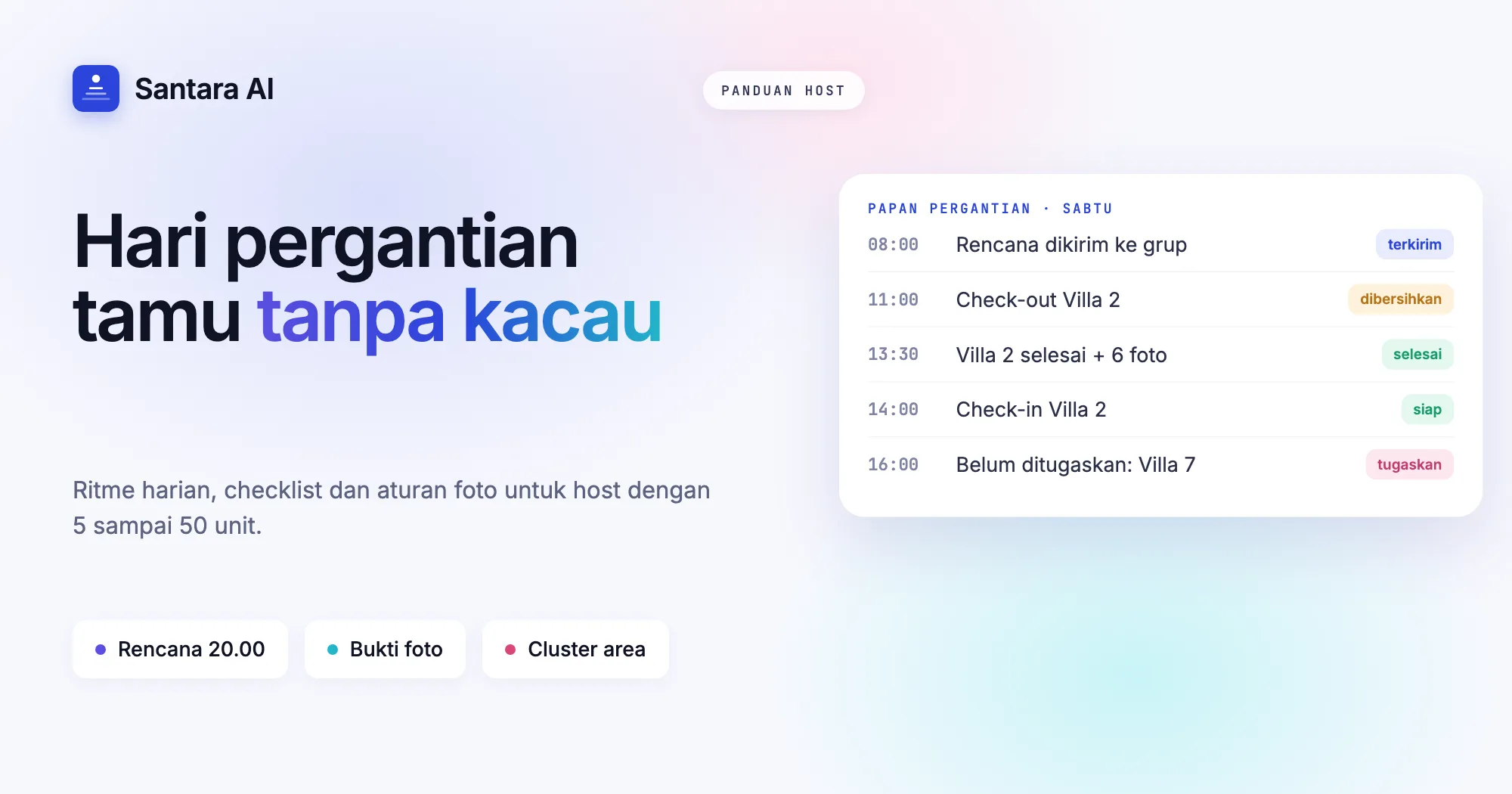 Gambar sampul bertuliskan Hari pergantian tamu tanpa kacau, sistem kebersihan untuk 5 sampai 50 unit
