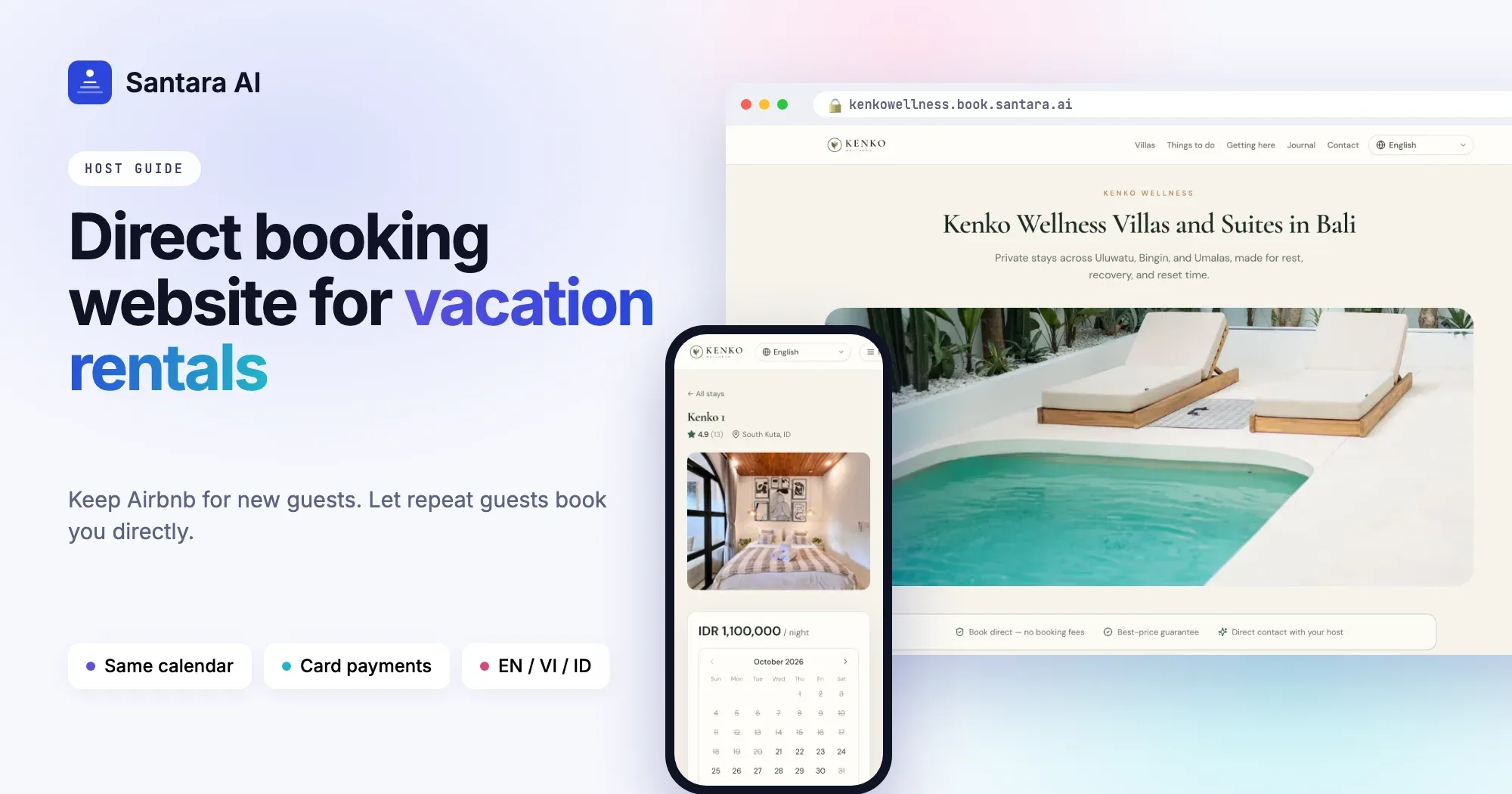 Cover: direct booking website for vacation rentals, showing a real Santara AI booking site on desktop and phone