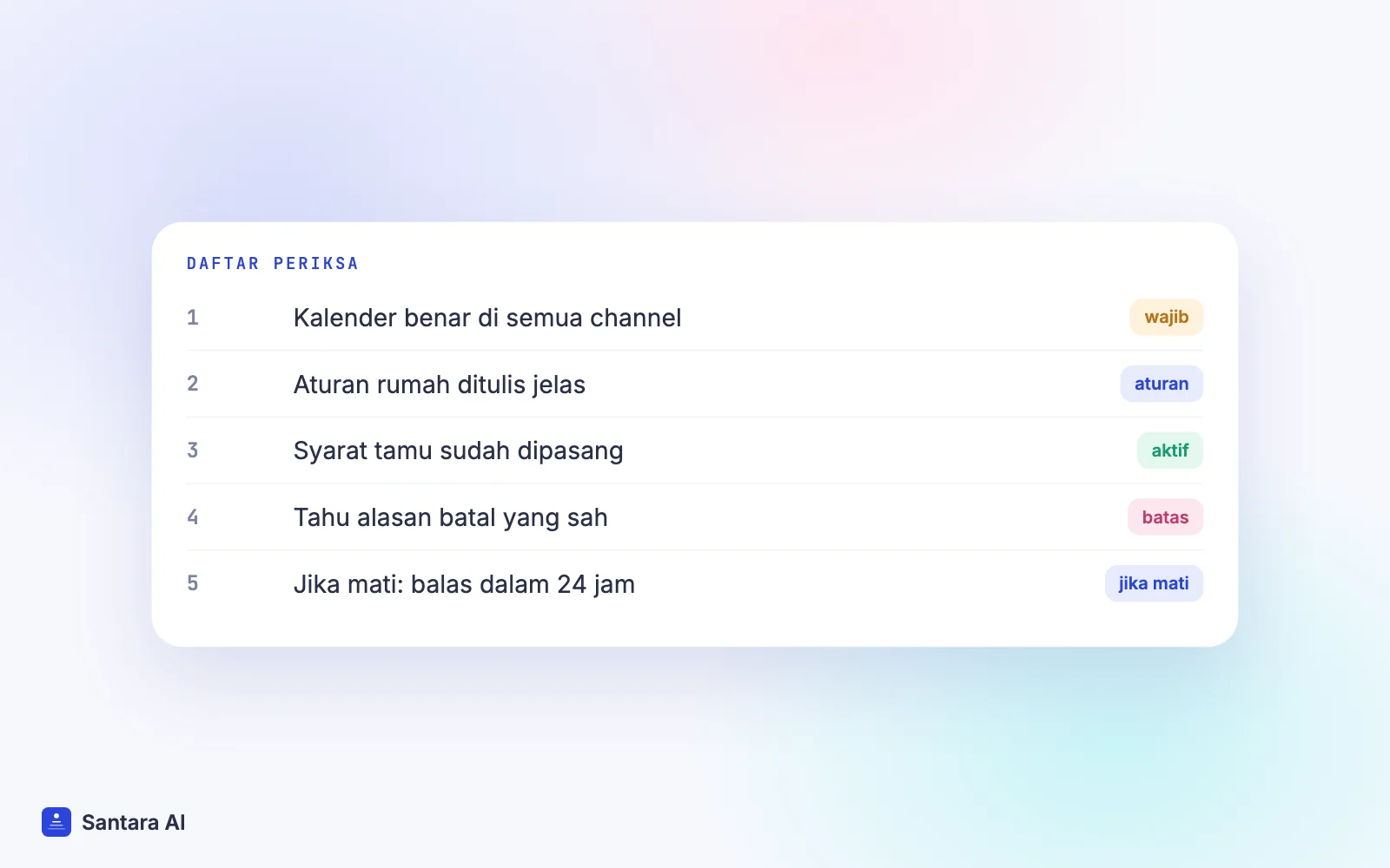 Daftar periksa Pesan Instan: kalender sinkron, aturan rumah jelas, syarat tamu, alasan batal sah, balas dalam 24 jam