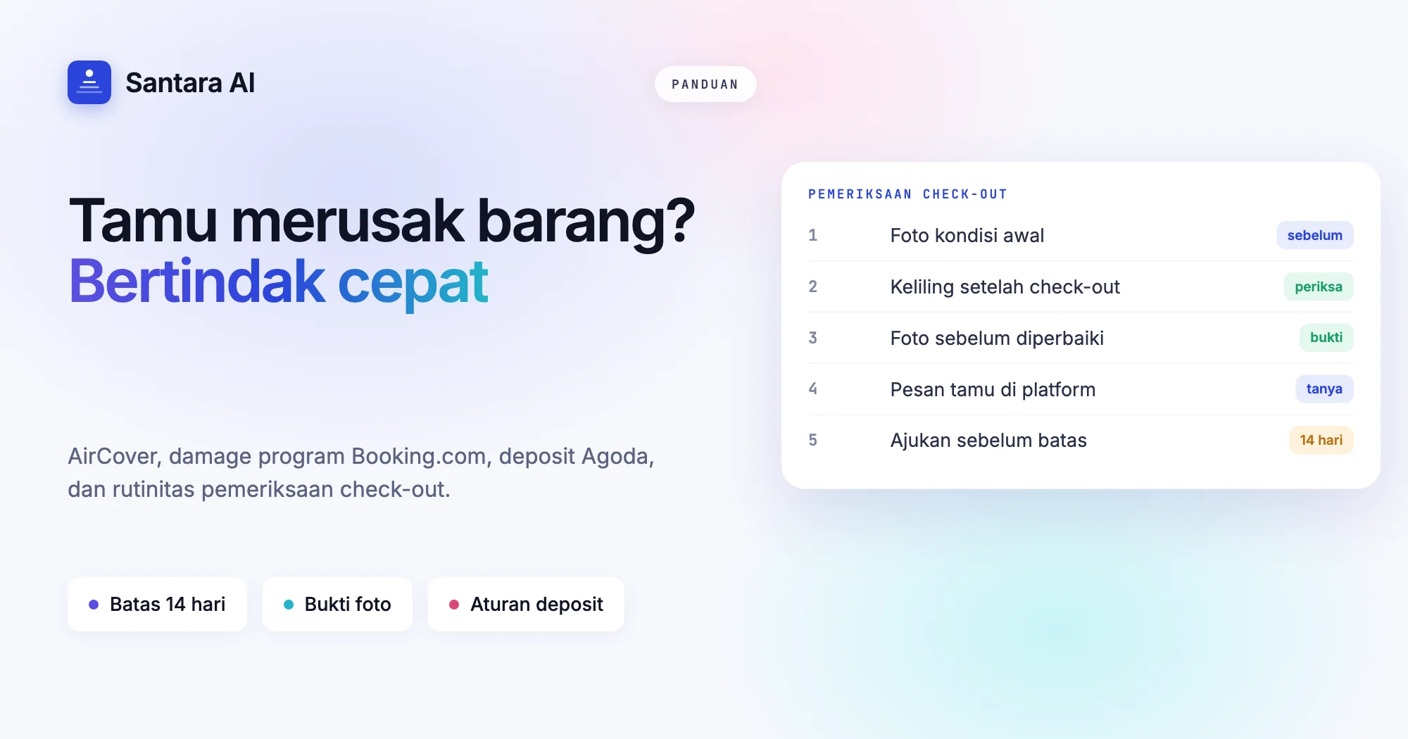 Sampul berisi checklist pemeriksaan check-out untuk klaim kerusakan villa