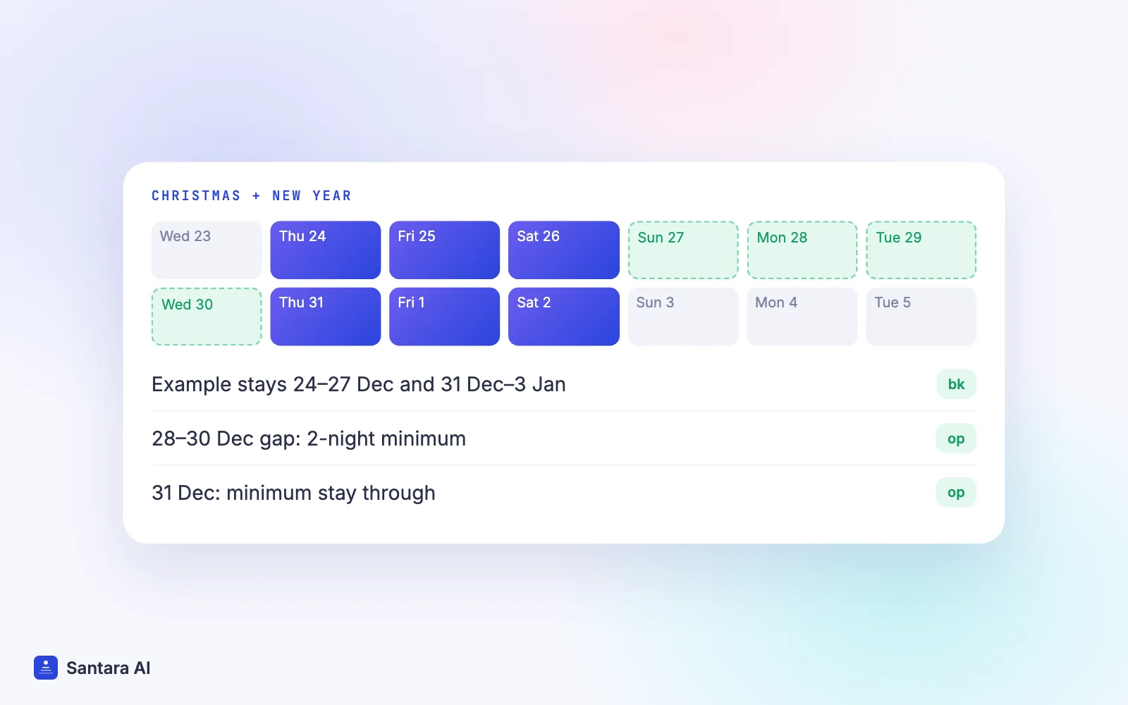 Calendar from 23 December 2026 to 5 January 2027 showing a Christmas stay, open gap nights and a New Year stay