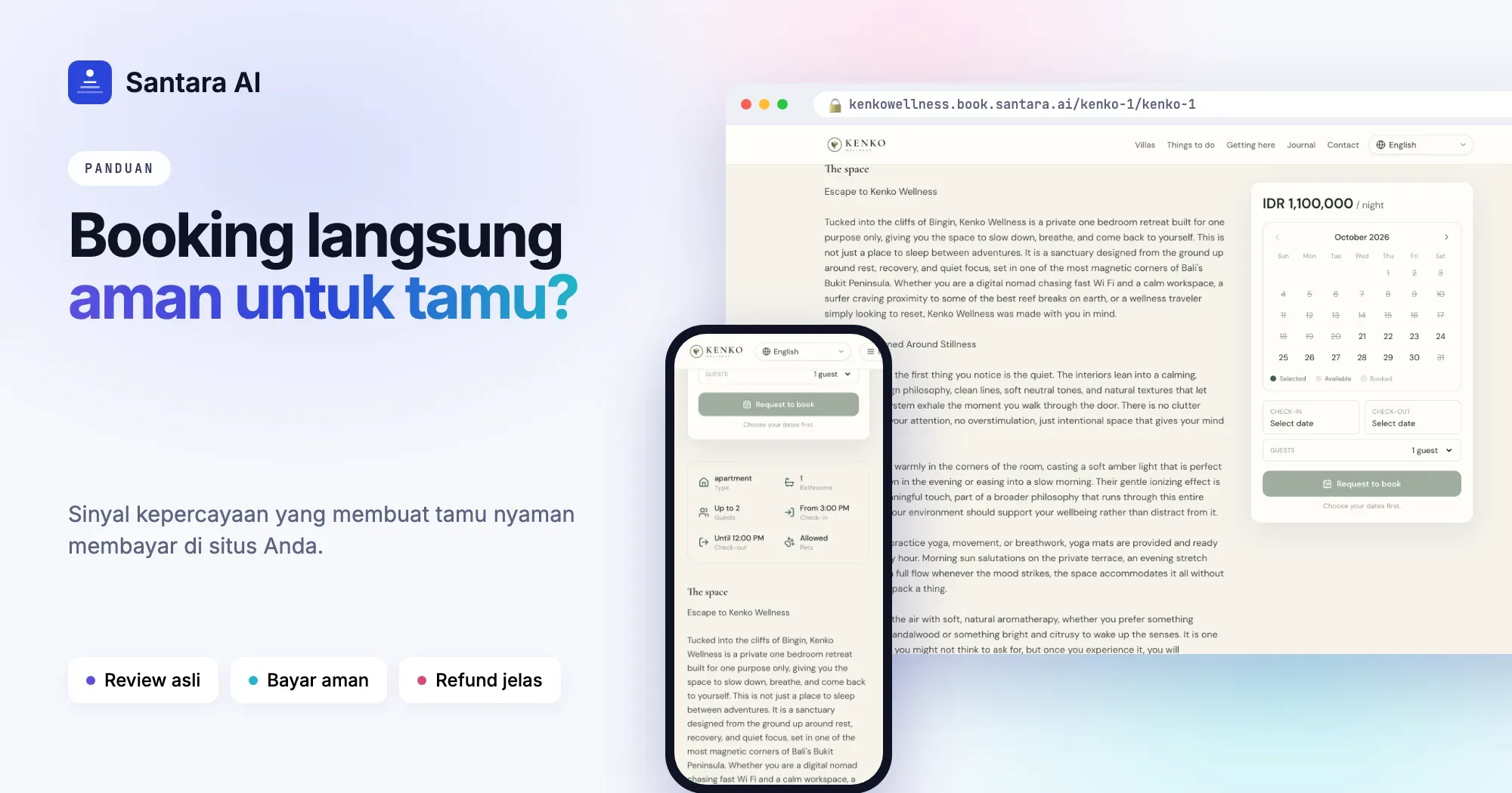 Halaman villa di ponsel dengan rating, harga, kalender dan aturan rumah di situs booking langsung
