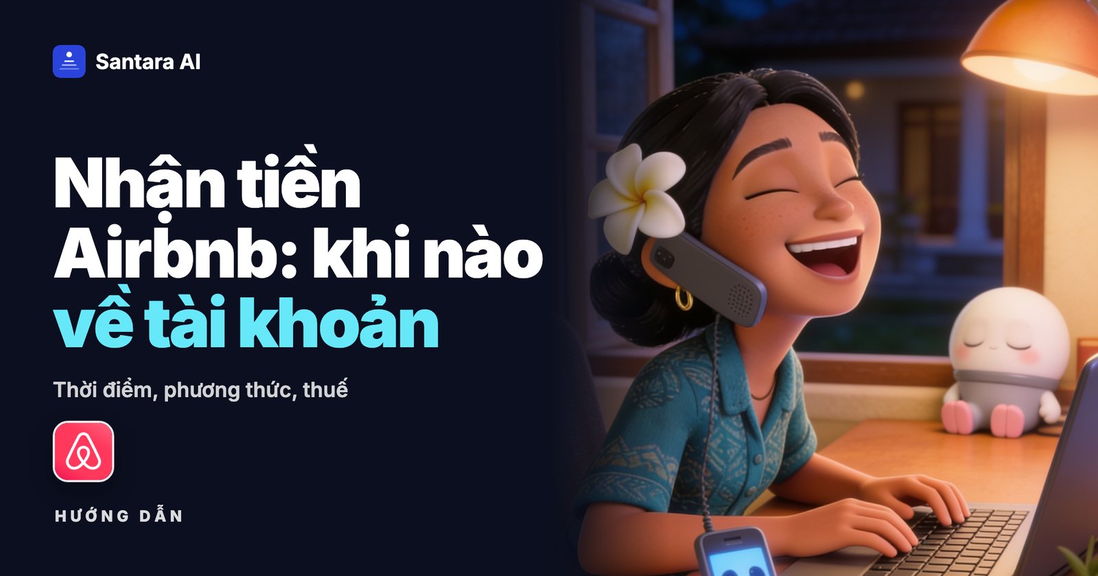 Minh họa chủ nhà tươi cười nghe điện thoại bên bàn làm việc buổi tối, kèm logo Airbnb