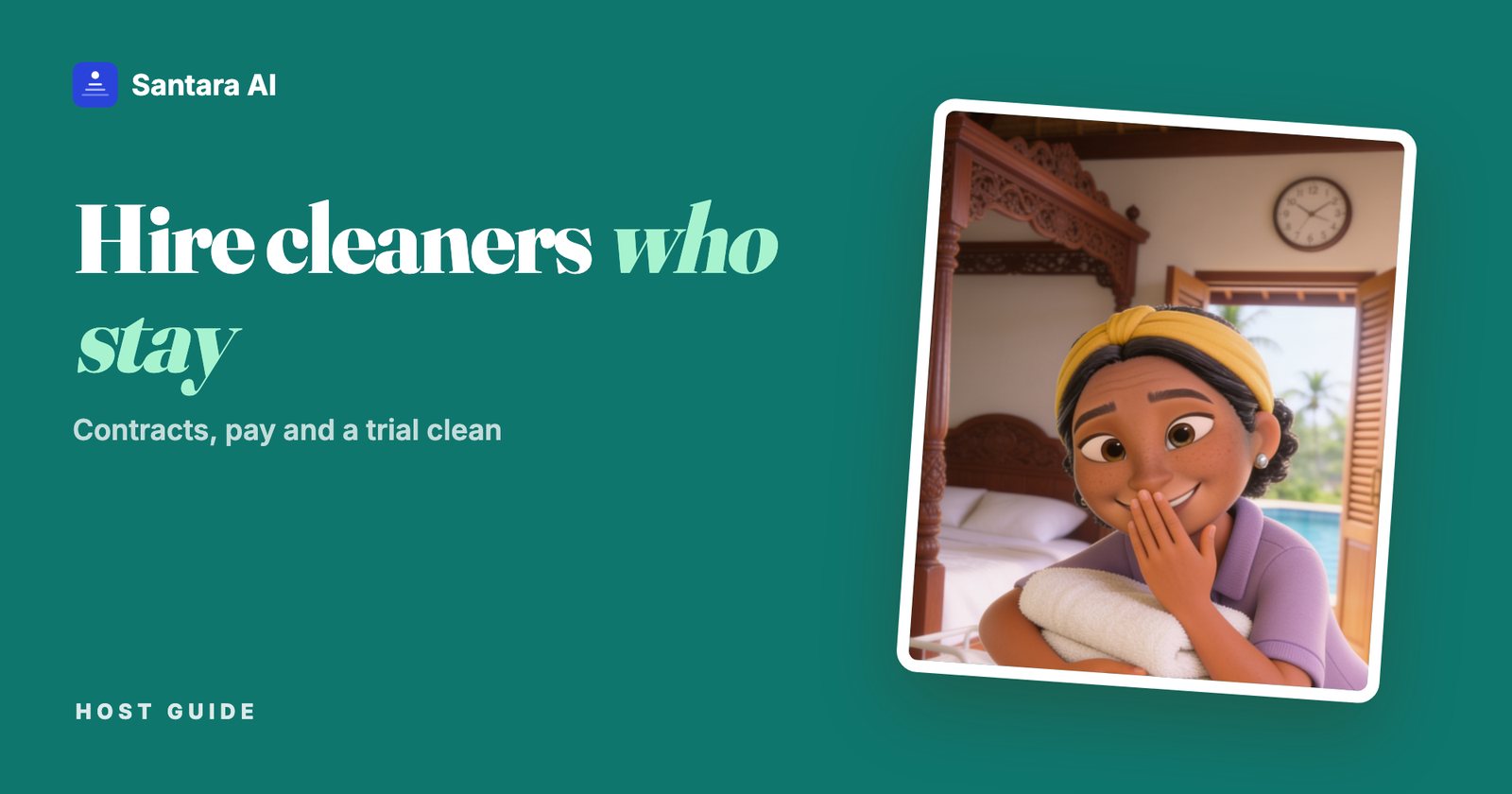 Illustrated housekeeper smiling at the camera with an armful of fresh towels