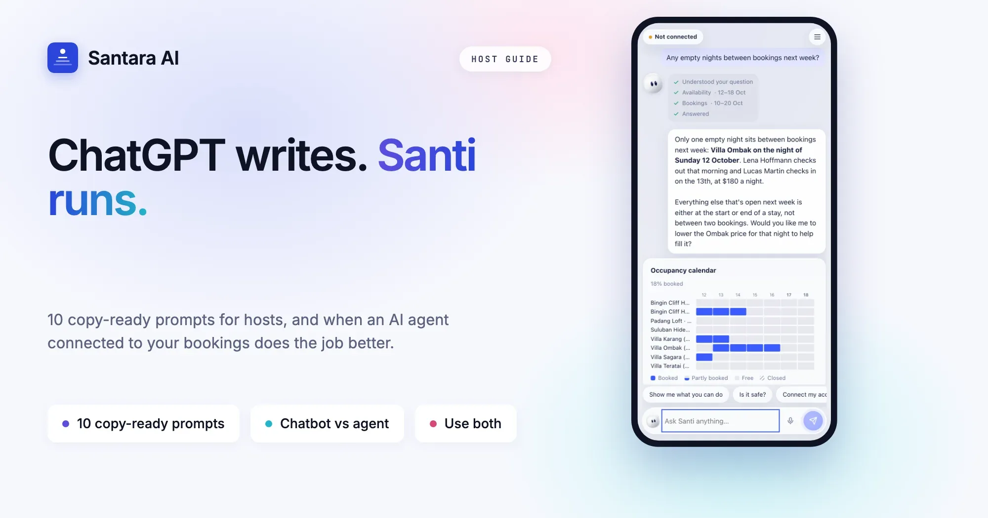 Cover: ChatGPT for Airbnb hosts, comparing a copy-paste chatbot with Santi, an AI agent connected to your bookings
